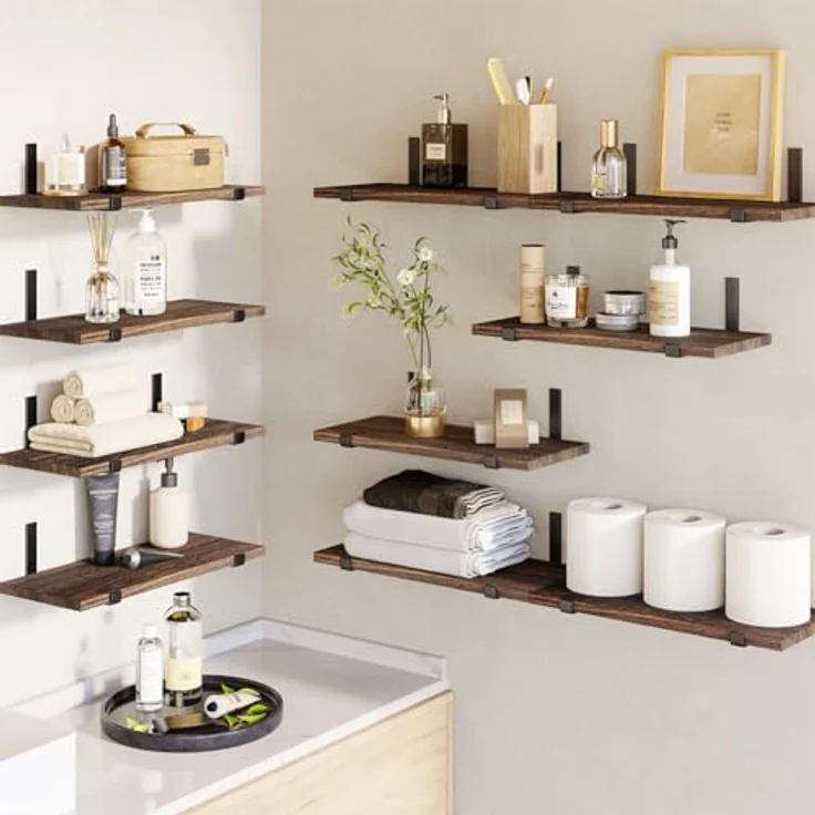 BAKAJI Set mit 10 schwimmenden Wandregalen aus Holz, Mehrzweck-Wandregal mit Metallhalterungen, ideal für Schlafzimmer, Wohnzimmer, Küche, Badezimmer, Bücherregal, platzsparend, 40 x 15 cm (Eiche) – Bild 2