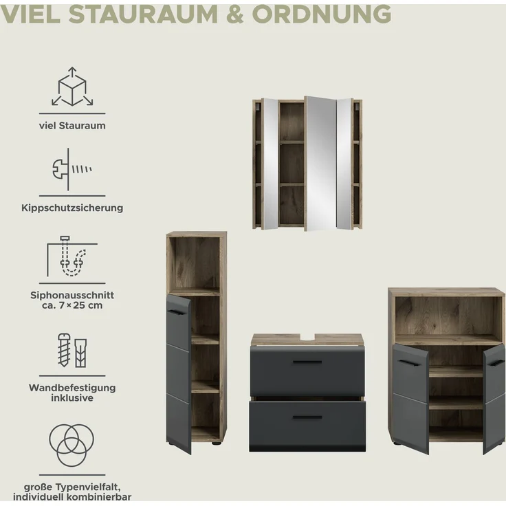Badkombination (B/H/T: 180x185x30 cm) in schwarz matt und Nox Oak Nachbildung – Bild 9