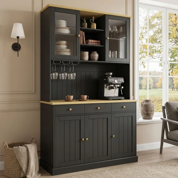 EINHOM Buffetschränke, Esszimmer-Hochschrank 120 x 40 x 191 cm, mit Glastüren, Gläserhalter, Mehrstufigem Stauraum, Integrierter Steckdose sowie USB-C- und USB-A-Anschlüssen, Schwarze und goldene Griffe – Bild 5