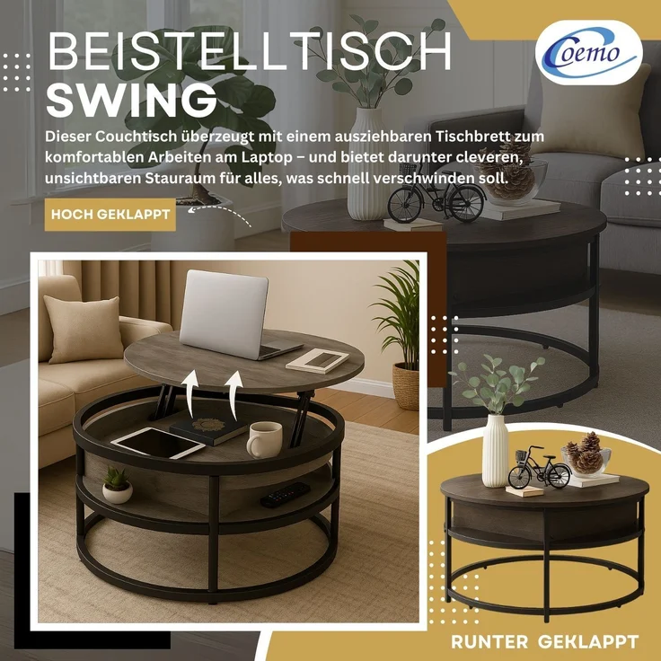Coemo Beistelltisch Swing mit verstellbarer Tischplatte und verdecktem Stauraumfach in Grau – Bild 2