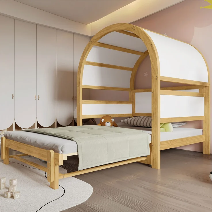 Gewölbedachbett erweiterbar mit Ausziehbett Funktion, Holzhaus Design aus Kiefer MDF, weiß-natur – Bild 3