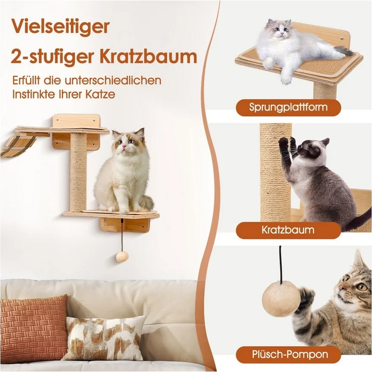 KOMFOTTEU Kratzbaum Kletterwand, mit Hängematte, 2 Kratzstangen, 2 Plattformen, Brücke – Bild 2