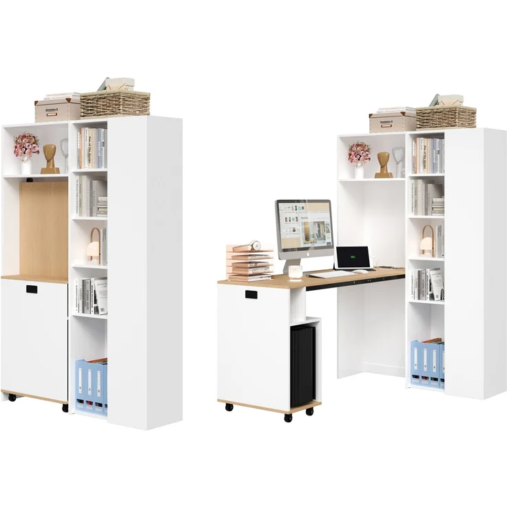 Klappbarer Schreibtisch mit Ablagen –2-in-1-Bücherregal und Schreibtisch, klappbar, mit Steckdose und USB-Anschluss, höhenverstellbare Ablagen, Kippschutz, weiß-Schreibtisch,Eck-Schreibtisch-rechts – Bild 8