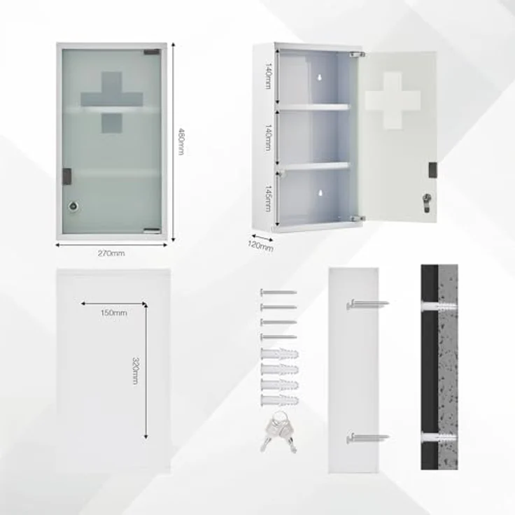 Zedelmaier Medizinschrank aus Edelstahl,Medikamenten Aufbewahrung,Medikamentenschrank 3 Fächer,Apothekerschrank,Hängend,48 x 27 x 12 cm,Weiß - 3 Fächer – Bild 9