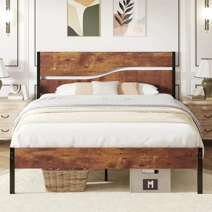 VECELO Bettgestell 140 x 200 cm, Metallbett mit Doppelschicht Holzkopfteil und Lattenrost, Modern Gästebett Jugendbett mit Stauraum Unter Dem Bett, Perfekt für Schlafzimmer, Braun