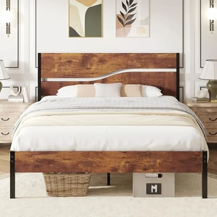 VECELO Bettgestell 140 x 200 cm, Metallbett mit Doppelschicht Holzkopfteil und Lattenrost, Modern Gästebett Jugendbett mit Stauraum Unter Dem Bett, Perfekt für Schlafzimmer, Braun – Bild 1