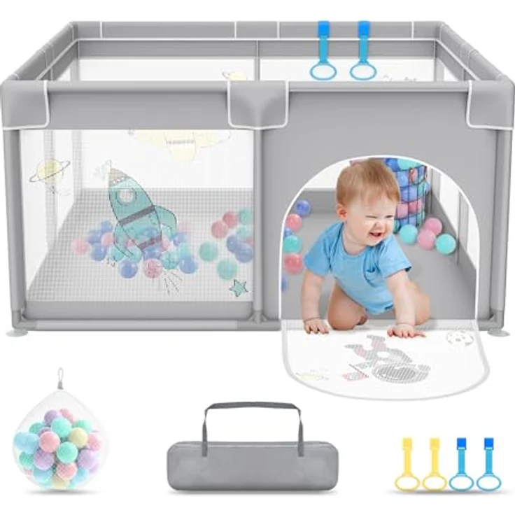 FIVMEN Laufstall 127x127cm Mit 50 Spielbällen, Krabbelgitter Und 4 Zugringen - Tragbarer Baby Playpen, Grauer Raumfahrer – Bild 1