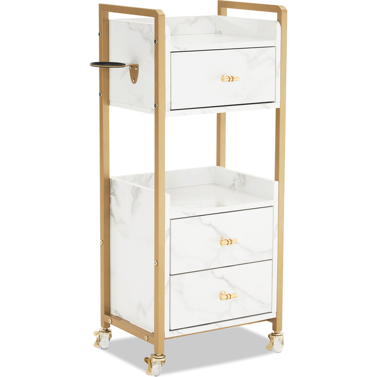 M MCombo Servierwagen mit Rollen & 3 Schubladen, Friseurwagen Rollwagen, Salon Trolley mit 2 Ablagen & Föhnhalter, Moderner Arbeitswagen für Bad Wohnzimmer, 30x40x95cm, 0022 (Weiß-Gold)