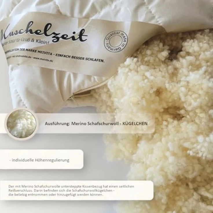 Meivita Naturhaarkissen Merino Schafschurwolle Kopfkissen, Füllung: 100% Wolle (Schurwollkügelchen), Bezug: Baumwolle, Rückenschläfer, Seitenschläfer, Bauchschläfer, Kissen Hergestellt in Deutschland – Bild 6
