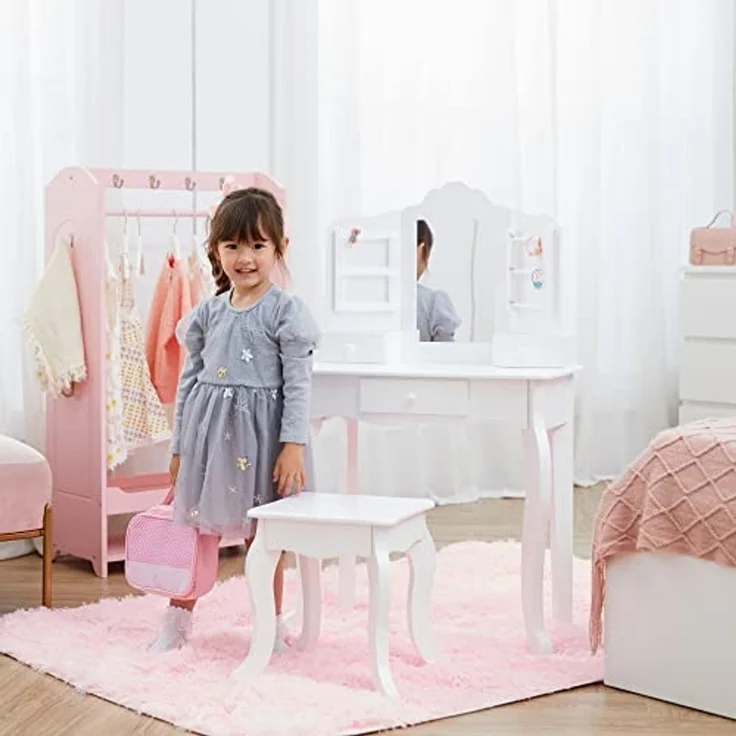 Fantasy Fields by Teamson Little Princess Anna Medium Kinder Schminktisch Schminkset mit Spiegel, Schubladen & Stuhl Hocker für Kinder Weiß TD-13366D – Bild 3