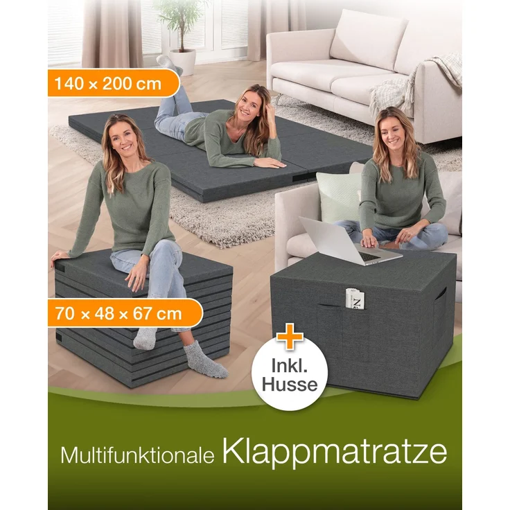 dibea 3-in-1 Klappmatratze: Gästebett, Sitzwürfel & Beistelltisch in einem, abnehmbarer Bezug & Husse mit Taschen, 140x200x8 cm, grau – Bild 1