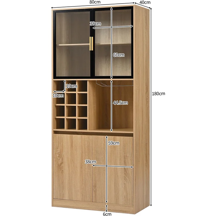 Badezimmerschrank,Spirituosenschrank,Vitrine Vitrinenschrank mit Glastüren und Beleuchtung 180 CM--Natürlich2--80x40x180cm--YOUDENOVA – Bild 2