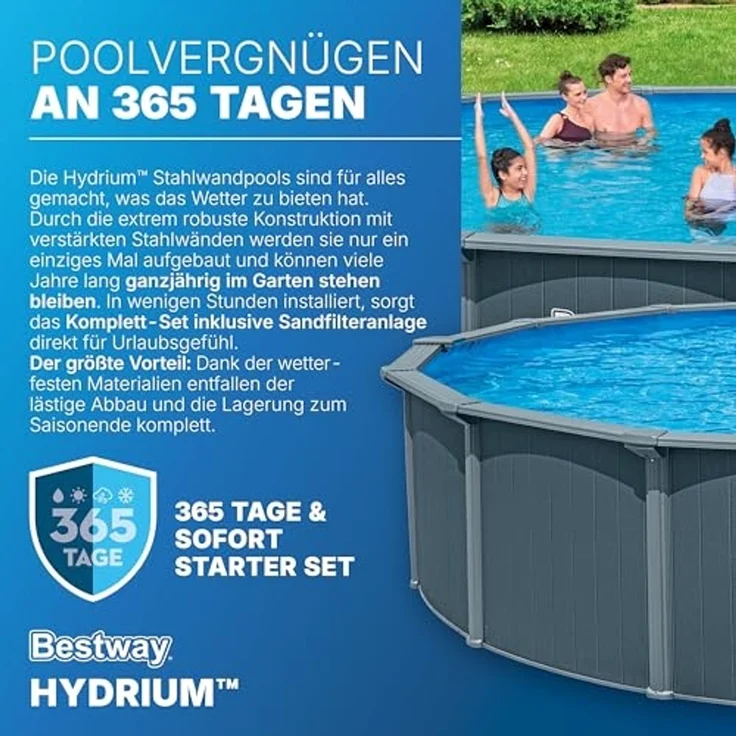 Bestway 561RP Hydrium Stahlwandpool Komplett Set mit Sandfilteranlage Ø 732 x 132 cm, Holz Optik (Grau), rund, WINTERFEST – Bild 4