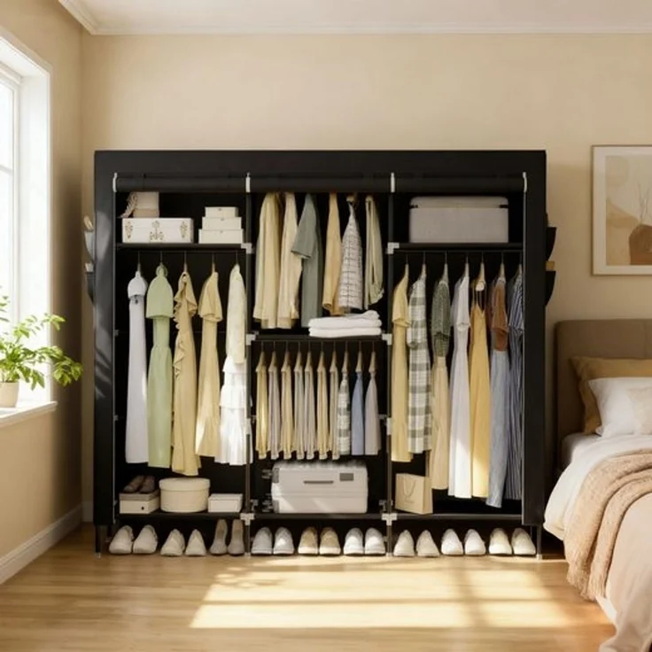 SONGMICS Stoffschrank mit Kleiderstange, Kleiderschrank mit Seitentaschen, Schrank für Schlafzimmer, 4 Hängefächer, schwarz – Bild 3