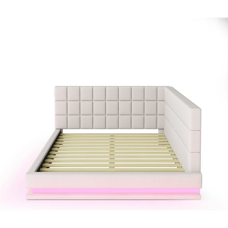 Polsterbett, Schlafsofa Multifunktionsbett mit LED-Lichtleiste USB Steckdose Lattenrost, Samt, Beige, 160x200cm – Bild 9