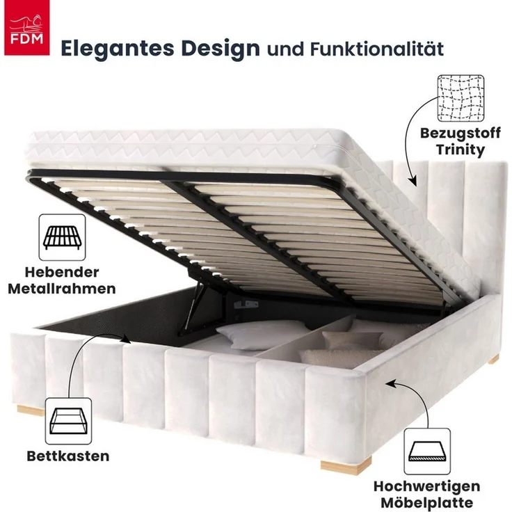 FDM Polsterbett modern mit Bettkasten MADE IN EU - mit hochwertigem Velours Bezug (verfügbar 90x200 120x200 140x200 160x200 180x200cm, Bettrahmen, Bett, mit großen gepolsterten Kopfteil, mit Bettkasten zum aufklappen), Hebbarer Metallrahmen, Bettkasten... – Bild 2