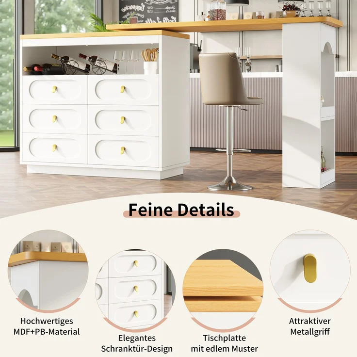 Merax Hochwertiger Ausziehbarer Bartisch mit 360° Drehfunktion und Stauraum, Längenverstellbar von 138-203cm, Rollbarer Bar Tisch mit Schubladen, Weiß – Bild 8