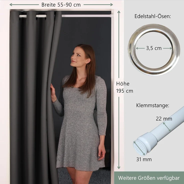 tinycurtains Türvorhang mit Stange weiß 70-120 cm Thermo Vorhang ohne Bohren, blickdicht, Ösen, verdunkelnd, Polyester, blickdicht, Anthrazit Nebula, Türgardine mit Klemmstange verdunkelnd – Bild 8