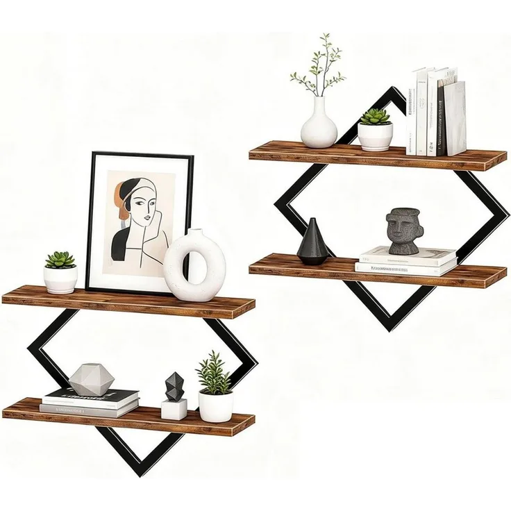 BlingBin Wandregal 2er-Set, Schweberegal, 2-stöckige Hängeregale, Wandboard, Regal 2-tlg, für Wohnzimmer, Schlafzimmer, Küche, Büro,Rustikales Braun und Schwarz