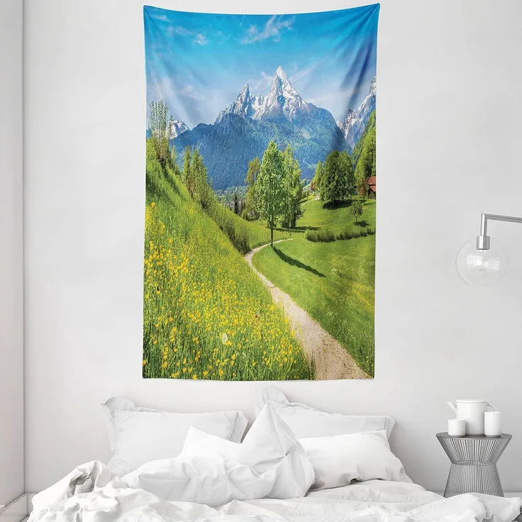 ABAKUHAUS Berg Wandteppich und Tagesdecke, Spring Scenery in Alps, aus Weiches Mikrofaser Stoff Wand Dekoration Für Schlafzimmer, 140x230 cm, Multicolor