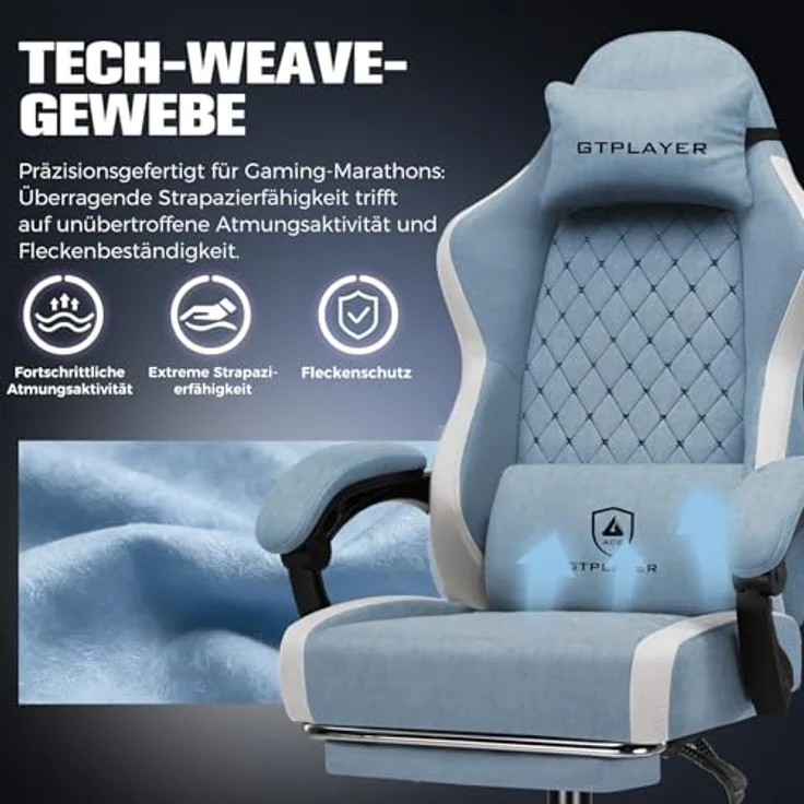 GTPLAYER Gaming Stuhl Ergonomischer, PC Stuhl Atmungsaktiver Stoff, Groß und Hoch Drehbarer Schreibtischstuhl mit Fußstütze,Verstellbare Lendenwirbelstütze und Kopfstütze,Hellblau – Bild 10