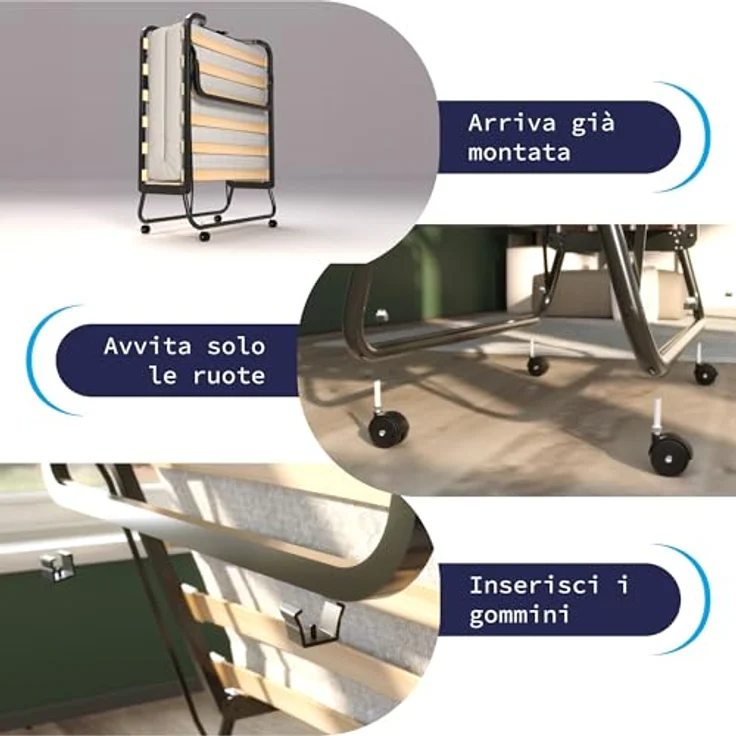 Cortassa - Klappbett mit 10 cm hoher Matratze aus Memory-Schaum, Einzel-Lattenrost mit Holzlatten 80x200 cm, platzsparendes Bett mit Rollen – Bild 9