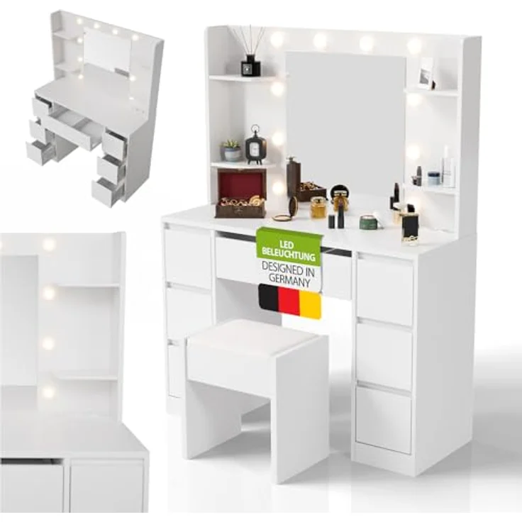 Juskys Schminktisch Malia und Hocker Melly mit LED-Beleuchtung & Spiegel, 7 Schubladen, stufenlos dimmbar, 3 Farbtemperaturen, Stauraum, elegantes Design – Weiß – Bild 2