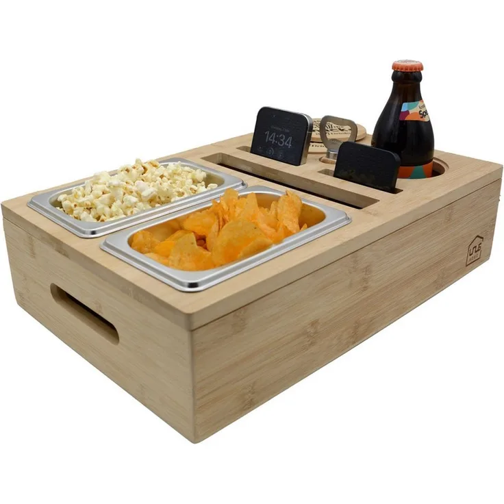 UNUS HOME Tablett Couchbar Sofatablett mit Getränkehalter mit Snackschalen, (Couchbar 40 x 26 x 10 cm(LxBxH) inklusive Flaschenöffner), Bambusholz Snackbox Organizer Sofatablett Getränkehalter Snackschalen