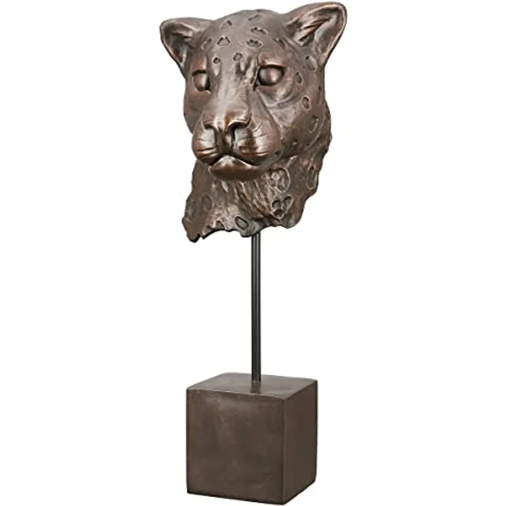 Casablanca Deko Figur Skulptur Leopard Kopf auf Sockel XL - 3D Tierkopf Statue aus Kunstharz - Farbe: Bronze Höhe 46 cm