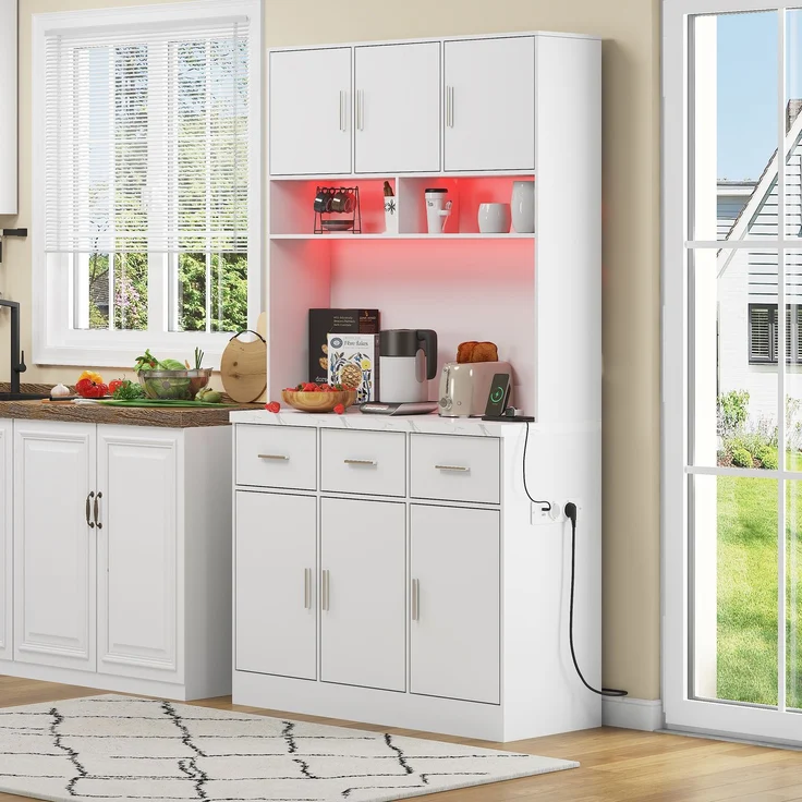 100x40x180cm, multifunktionales Buffet mit LED-Beleuchtung mit APP-Steuerung, Schubladen, verstellbaren Einlegeböden, Kabelführungslöchern und Steckdosen, ideal für Küchen und Esszimmer – Bild 4