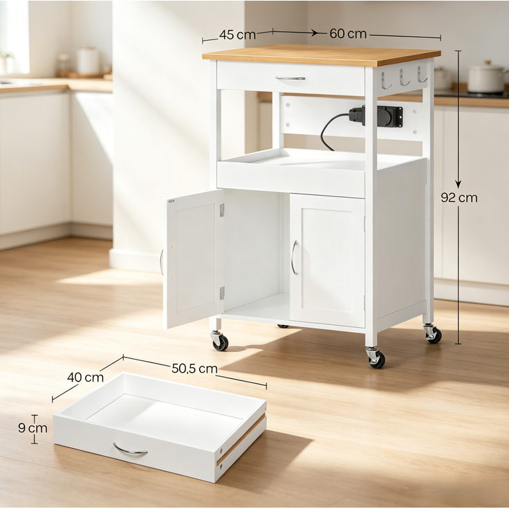 Küchenwagen 60x45x92 cm mit Schublade, Schrank und Rollen – Weiß in Bambus-Optik – Bild 4