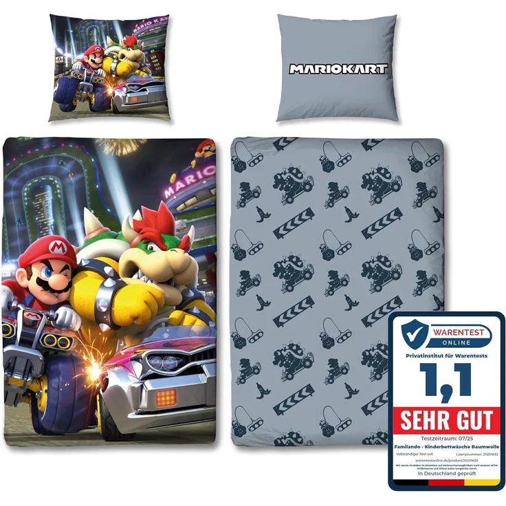 Nintendo Super Mario Kart Bettwäsche für Jungen Kinderbettwäsche 135x200 80x80 cm aus 100% Baumwolle Motiv Bump mit Bowser – Bild 8