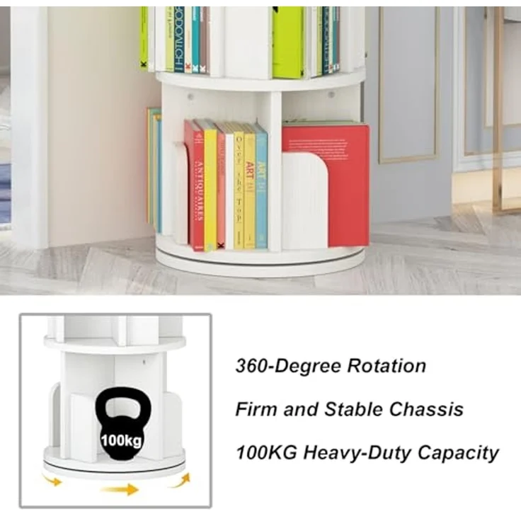 GarveeLife Drehbares Bücherregal aus Massivholz, 360-Grad-Anzeige, Aufbewahrungsregal für Kinder und Erwachsene, multifunktionaler Bücherregal-Organizer (3 Etagen, weiß, 40 x 40 x 98 cm) – Bild 7