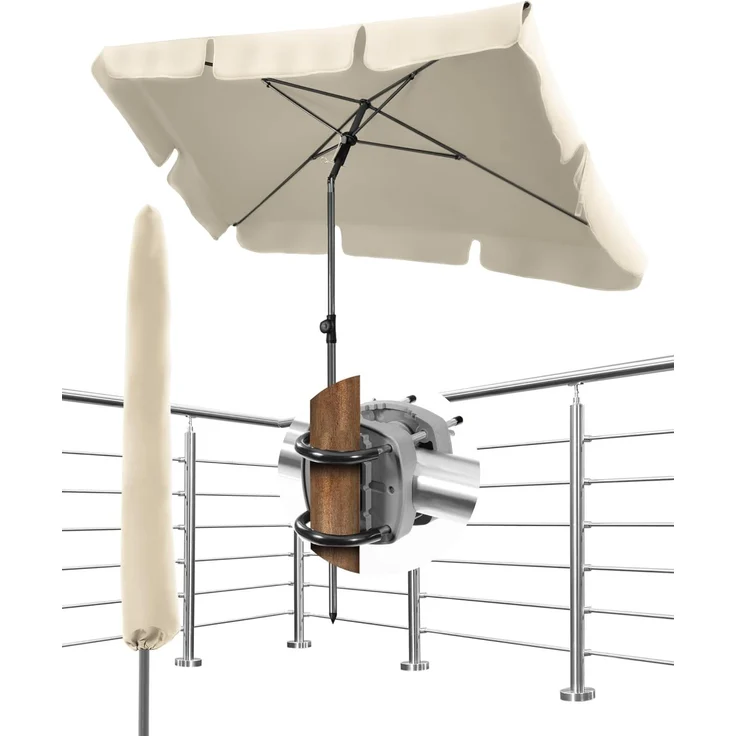 Menz Sonnenschirm Balkon - 3-IN-1 Sonnenschutz Balkon SET in Beige, UPF 50+ Sonnenschirm rechteckig 200x125 cm + Sonnenschirmhalter Balkongeländer + Sonnenschirmhülle – Bild 1