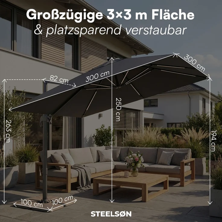 STEELSØN 'Elaris' Premium Sonnenschirm 300x300 cm quadratisch mit LED, neigbar und 360-Grad drehbar, schwarz, Ampelschirm inkl. Hülle, extrem robuste Metall-Stange, 220 g/m² Polyester, UV50+ – Bild 9