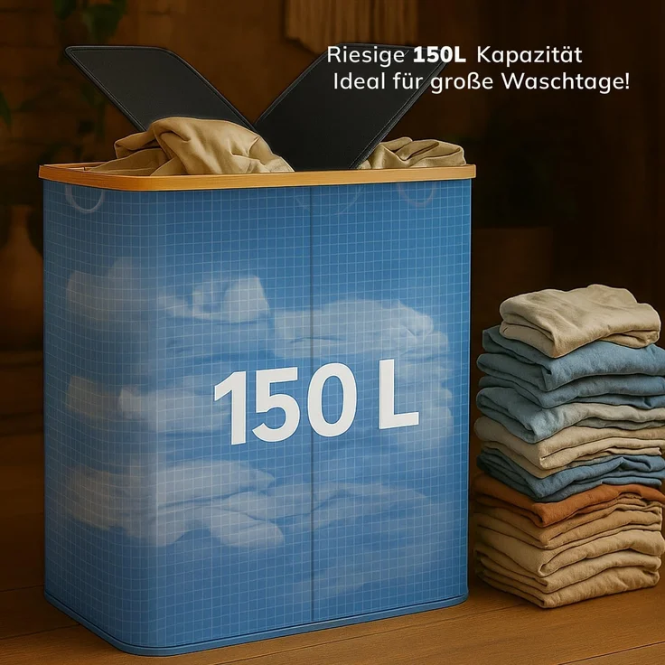 Roxlin Wäschekorb Wäschekorb 150L mit Deckel & 2 Taschen, faltbar & wasserdicht – Bild 4