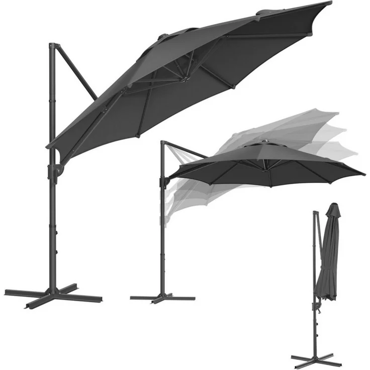 SONGMICS Sonnenschirm, Ampelschirm, 300 cm, UPF 50+, Gartenschirm, um 360° drehbar, Neigungswinkel stufenlos verstellbar, mit Kurbel, Kreuzfuß, Grau – Bild 1