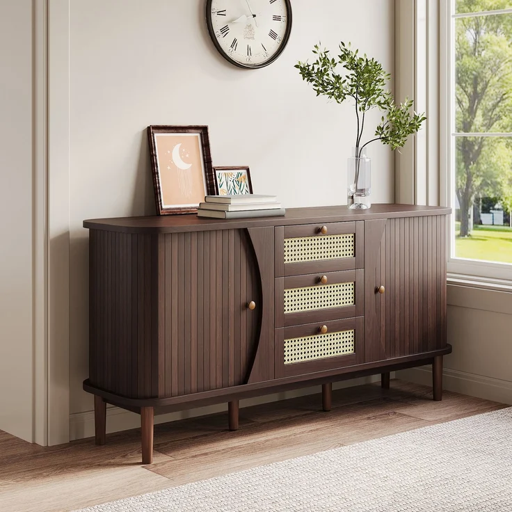 Merax Sideboard, Rattankommode, Kommode mit Schiebetüren, verstellbaren Einlegeböden und abgerundeter Platte, Walnuss – Bild 4