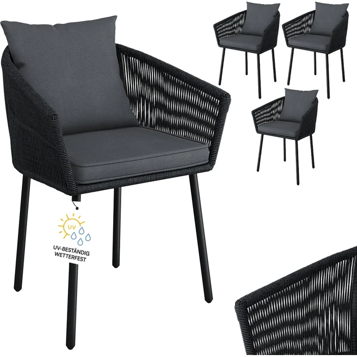 STEELSØN 'Nair' Polyrattan Gartenstuhl, 4er-Set, schwarz, wetterfest & UV-beständig, Balkonstühle bis 160 kg belastbar, Gartensessel inkl. Kissen – Bild 1