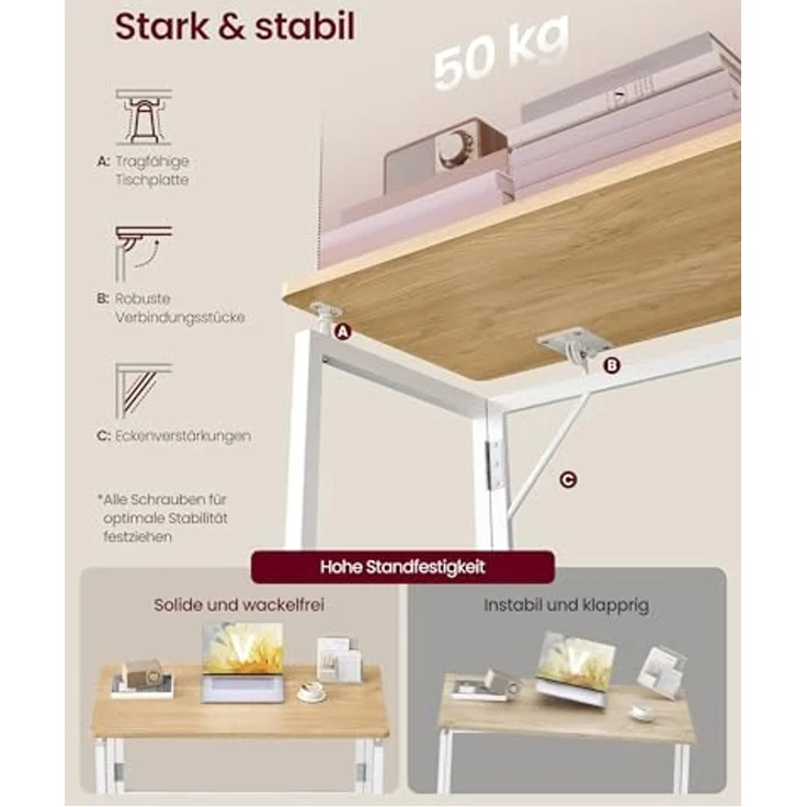 VASAGLE Klapptisch, Kleiner Schreibtisch klappbar, Computertisch, Tischplatte aus einem Stück, abgerundete Ecken, Tisch für Homeoffice, Schlafzimmer, 80x40 cm, natureichenfarben LWD151YD01 – Bild 6