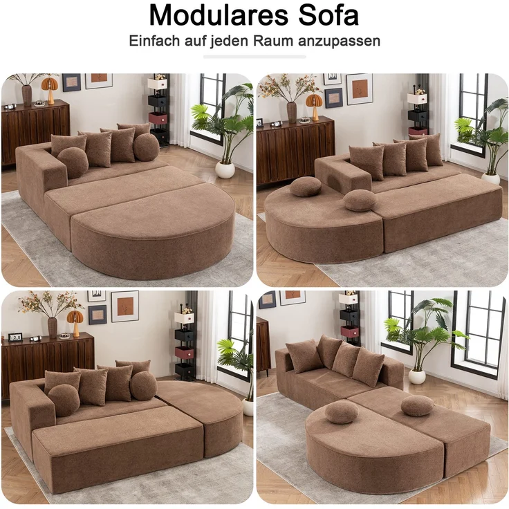 Wohnora-Vollkomprimiertes knochenloses Sofa,Wohnzimmer / Schlafzimmer mit segmentiertem Wolkensofa, modernem modularen Sofa, ohne Montage, komfortablem, hautfreundlichem Chenille-Stoff,H 66cm x T 263cm x B 171cm,Braun – Bild 3