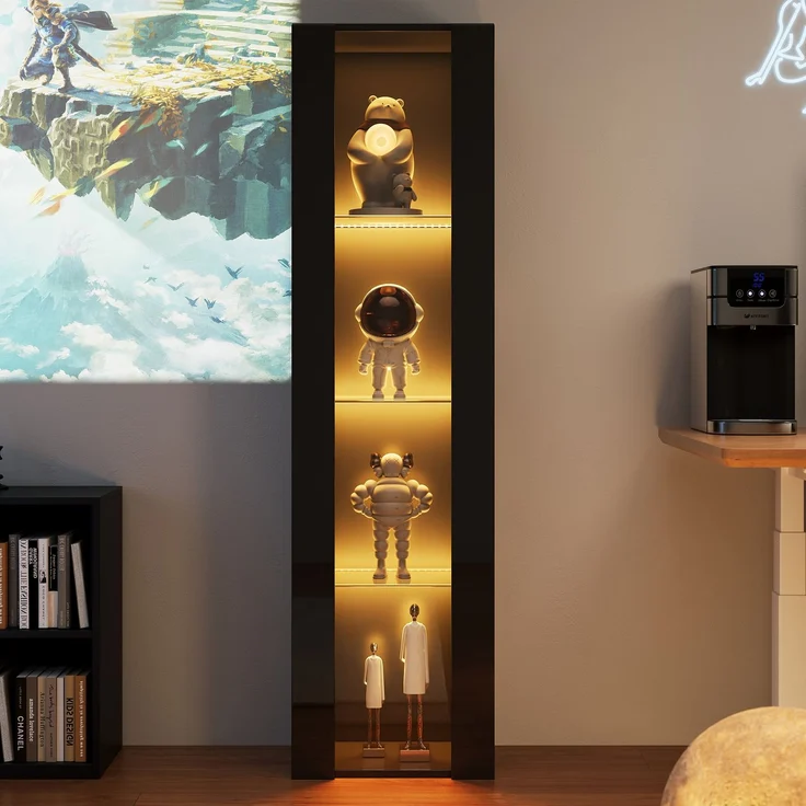 40 x 29 x 170 cm, multifunktionale Vitrine, Glasböden, LED-Farbwechselbeleuchtung, APP-Steuerung, Acrylplatte, wandmontierbar, minimalistisches Design, schwarz.--Schwarz--40x29x170cm--YOUDENOVA – Bild 7