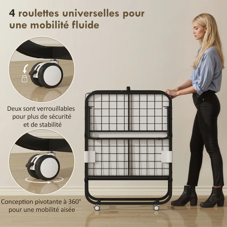 Klappbett für 1 Person, 200 x 80 cm, mit Matratze, zusammenklappbares und transportables Zusatzbett auf Rollen, Stahlrahmen, weiß – Bild 9