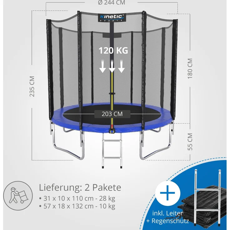 KINETIC SPORTS Trampolin Outdoor 'Salto Plus' - Komplett-Set für Kinder, USA Sprungtuch, Netz, Randpolster, Leiter, Blau-2, Ø 244 cm – Bild 7