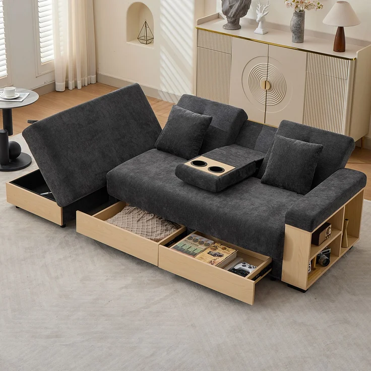 Merax Wohnlandschaft Sofa mit Stauraum, 3-fach verstellbarer Rückenlehne, Schlafsofa mit Schubladen, Chenille-Stoff, Getränkehalter & Stauraumhocker, grau – Bild 2