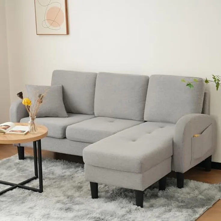 Ball & Cast L-förmiges Eckcouch mit Schlaffunktion, 3-Sitzer Sofa mit Kunststoffbeine aus Baumwoll-Leinenstoff für das Wohnzimmer Wohnung Villa, 166 x 77 x 118 (BxHxT), Grau – Bild 5