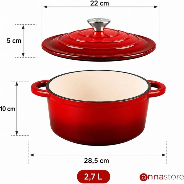 Annastore Bräter Gusseisen Topf emailliert mit Deckel Bräter Brotbacktopf Brottopf, Ofenfest bis 260 Grad, Für Induktion, Gas, Ceran, Elektro, Ofen – Bild 3