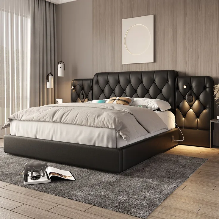Polsterbett, PU-Leder mit USB-Anschluss, Leselampen & Stauraum, 160x200 cm, Schwarz, ohne Matratze