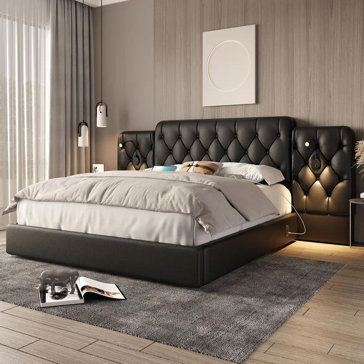 Polsterbett, PU-Leder mit USB-Anschluss, Leselampen & Stauraum, 160x200 cm, Schwarz, ohne Matratze – Bild 1