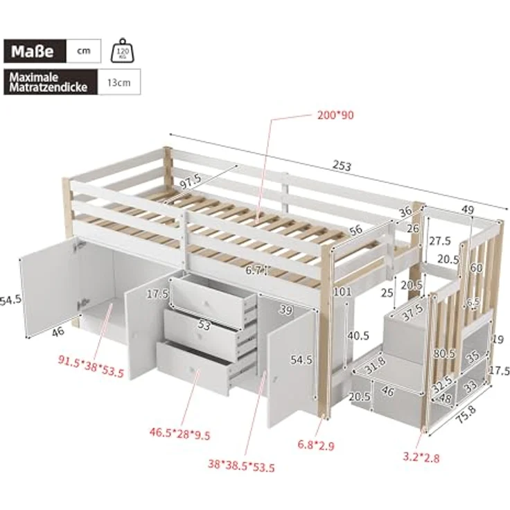 Odikalo Kinderbett Hochbett Einzelbett Schubladen Stauschränken Wäschestange Weiß 90x200 – Bild 3